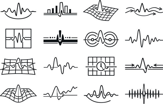 Line style vector icons of anomaly detection: pulse arc, timing bar, amplitude mesh, flow line, sync tile,