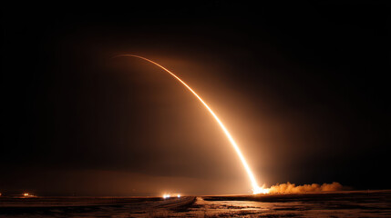 Missile launch at night with bright fiery trail arcing across dark sky, illuminating surrounding landscape with glowing light and smoke