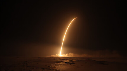Rocket launch night sky bright trail smoke cloud desert landscape long exposure space exploration fiery arc dark background glowing light