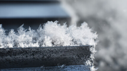 Close up of ice crystals forming on dark metal surface with delicate frost patterns sparkling in cold winter light