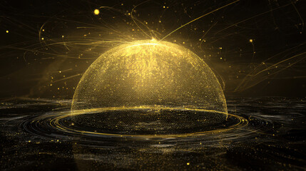 Glowing golden digital sphere surrounded by swirling light trails and particles, creating futuristic and dynamic energy effect