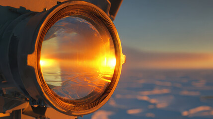Close up of sophisticated radar dish lens reflecting warm golden sunset over blurred horizon, creating serene and captivating atmosphere