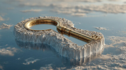 Golden key embedded in icy water with surrounding frozen texture, symbolizing unlocking potential and cold environment