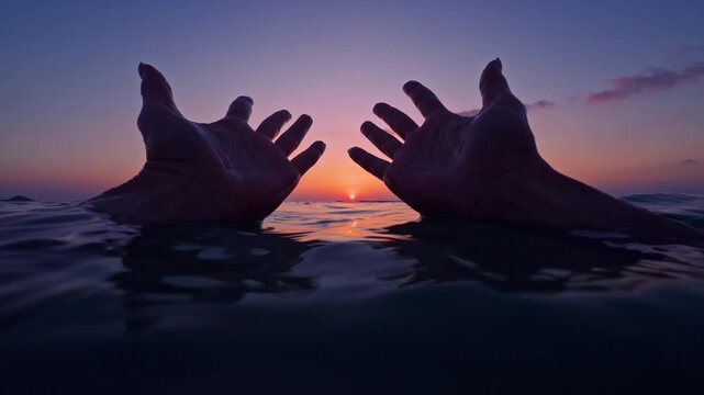 First Person View Of Open Hands Floating On Sea Surface At Sunset With Slow Motion Ripples And Soft Light Expressing Surrender Trust And Inner Calm