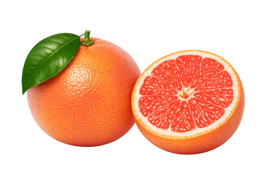 Fresh red grapefruit whole fruit with a green leaf and a transversal slice revealing its juicy pulp, on transparent background