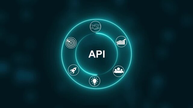 Neon Circle Diagram with Icons Representing API concept with Digital Icons Illustrating Modern Technology Applications in Business and Industry. Business, Technology, Internet and network concept.