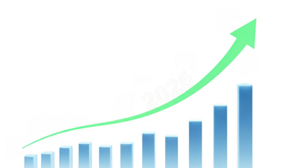 A green arrow ascends above a blue bar graph on transparent background