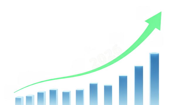 A green arrow ascends above a blue bar graph on transparent background - Powered by Adobe