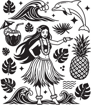 Hawaiian luau scene illustration with a hula dancer, waves, dolphin, pineapple, cocktail, and tropical leaves, capturing island vibes.