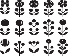 Set of 15 stylized black and white folk art flowers and plants, simple and graphic, perfect for decorative design elements. © msmdesign