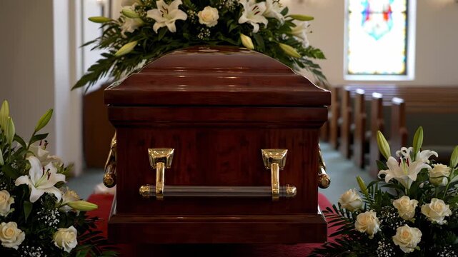 Wooden coffin adorned with flowers inside church