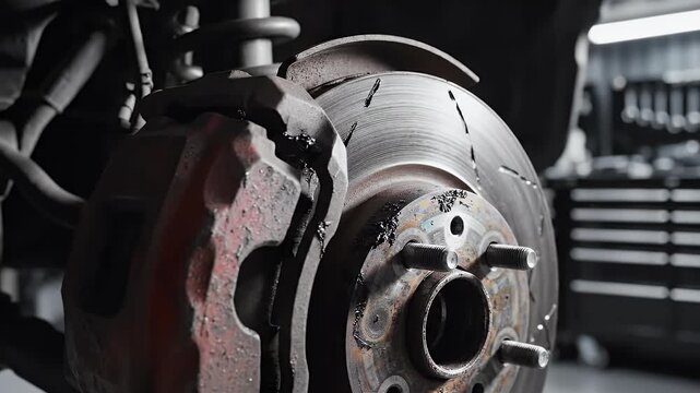 Close-up view of a worn and damaged car brake disc and caliper in a garage setting.