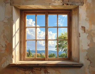Rustic window frames a serene landscape, blue skies above rolling hills.  Light filters through