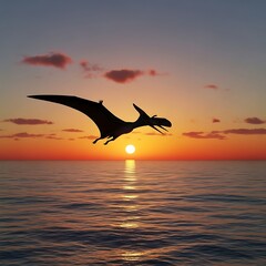 Naklejka premium Pterodactyl Flying Over Ocean at Sunset.