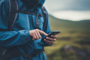Outdoor Traveler Assessing Forecast, Hiker Using Phone To Check Weather Amidst Cloudy Landscape, Outdoor Enthusiast Consulting Mobile Weather App While Trekking Through Damp Skies And Grass