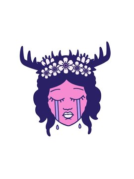 spinning motion animation of Retro Tattoo Style crying human druid