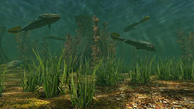 Tiktaalik shown in water, highlighting aquatic life and features bridging fish and land vertebrates.