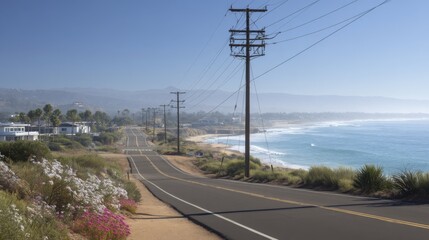 Scenic Coastal Road with Telephone Poles and Flowers Alongside Ocean View Under Clear Blue Sky