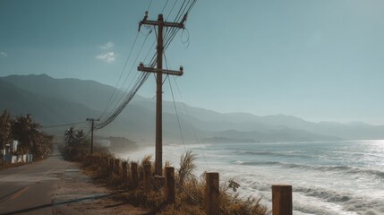 Fototapeta premium Serene Coastal Landscape with Road, Power Lines, and Gentle Waves Under Clear Blue Sky and Mountain Range Background at Sunset
