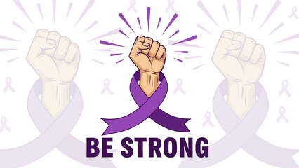 Naklejka premium Empowering purple ribbon with raised fist and BE STRONG message