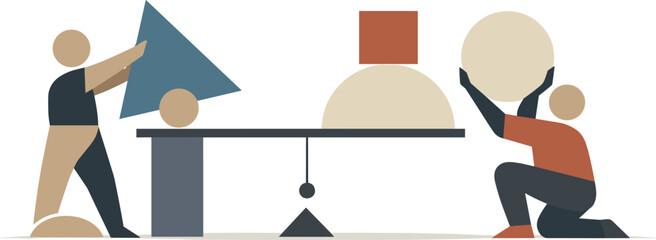 Two abstract geometric figures align and adjust multiple geometric shapes creating visible tension and structure demonstrating