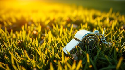 A silver whistle rests on green grass under warm sunlight. The scene captures a moment of tranquility in a natural setting, ideal for sports or coaching themes.