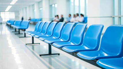 Fototapeta premium A row of blue plastic chairs in a bright, modern waiting area. People are seated in the background, engaged in conversation or using their devices.