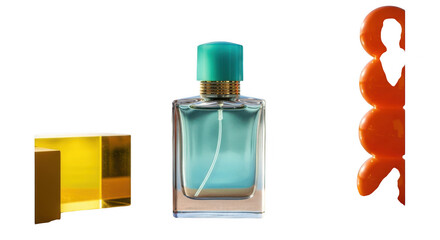 Collection of luxury perfume bottle and colorful abstract shapes isolated on transparent background