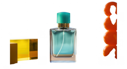 Collection of luxury perfume bottle and colorful abstract shapes isolated on transparent background