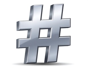 Obraz premium Shiny metal hashtag symbol is slightly angled, casting a soft shadow on a white surface