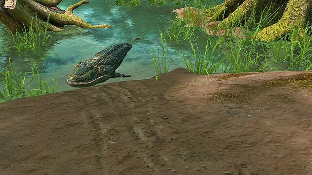 Tiktaalik depicted on dry land, illustrating the evolutionary transition from fish to tetrapods