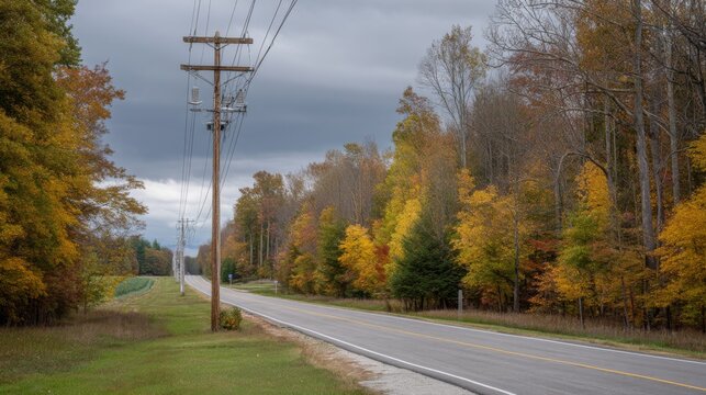Scenic Autumn Road with Vibrant Fall Foliage Alongside Telephone Poles and Overcast Skies in Rural Landscape
