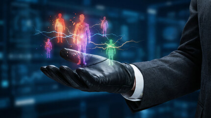 A hand in a glove displays glowing figures representing digital connections and hacking threats. The background shows a networked digital space. This scene suggests cybersecurity challenges