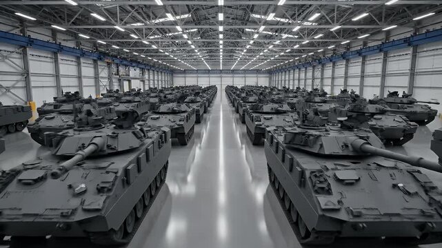 A vast indoor storage facility housing many modern military tanks and armored fighting vehicles in organized rows.