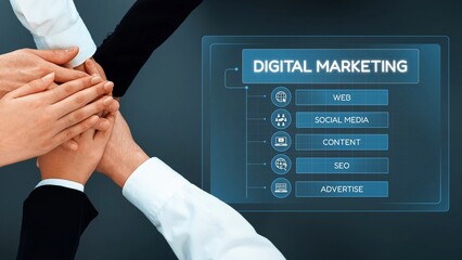 An image depicting multiple hands coming together in a symbolic gesture of collaboration in a digital marketing context, showcasing web, social media, content, and advertising strategies. Raster