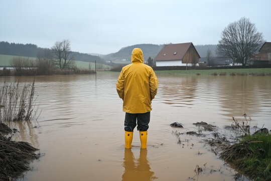 people of ai, flood in austria, farmer in yellow raincoat standing in dirty high water on flooded farm, natural disaster, global warming, climate change, photorealistic, OeE
