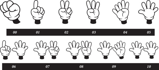Retro cartoon legs and hands,Set of outline hands counting numbers. Hand gestures. Vector