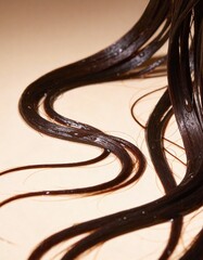 Hyper-realistic studio photography of hair textures, a lock of wet brown hair against light beige gradient background