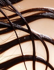 Hyper-realistic studio photography of hair textures, a lock of wet brown hair against light beige gradient background