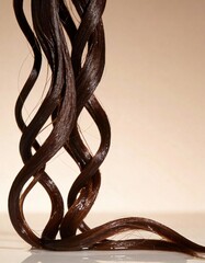 Hyper-realistic studio photography of hair textures, a lock of wet brown hair against light beige gradient background