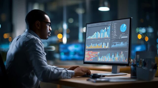 a professional data analyst or financial expert working late in a modern office setting. A man wearing glasses is seen from the side, intensely focused on a large computer monitor