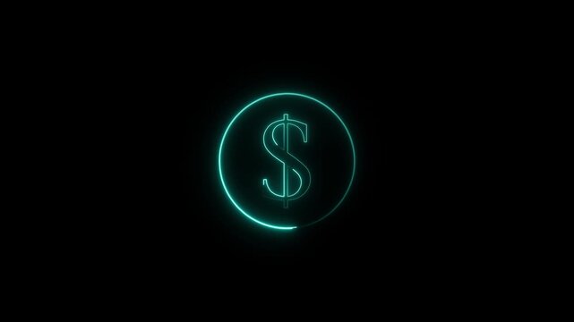 dollar sign, dollar icon animation. glowing neon dollar sing animation, neon line circle animation on a black background,with 4k video animation.