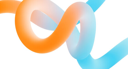 A colorful abstract illustration of intertwined orange and blue ribbons on a white background