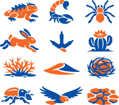 Two-Color vector icons of desert wildlife: horned lizard stance, scorpion tail arch, tarantula outline, jackrabbit leap,