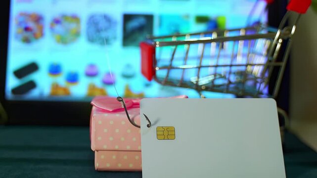 Fish hook stealing a credit card from a gift box during online shopping, symbolizing a phishing scam