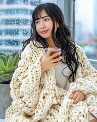 Cozy Daydream with a Comforting Cup of Tea, Knitted Blanket, and a Rainy Window View Scene
