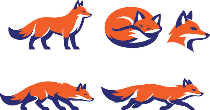 Two-Color vector icons of fox silhouettes: standing fox, curled fox, stalking fox, running fox; alert head profile, fluffy tail
