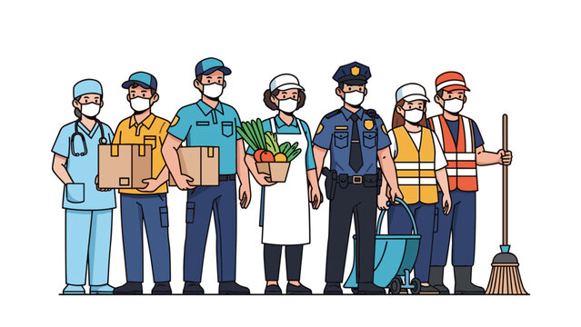 Diverse group of essential workers in uniform, wearing face masks for protection, symbolizing community service and public safety