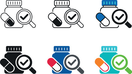 Drug safety and quality assurance concept illustrating a pill bottle and capsule paired with a protective check symbol and