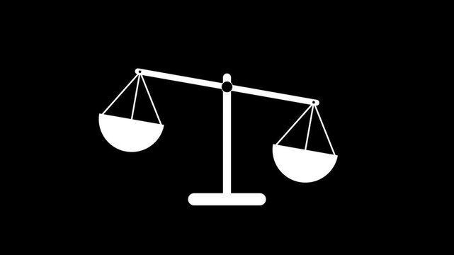 judgement law justice animation scale. Fairness scales of justice. 4K video motion graphic animation. An ornate brass justice scale .4K black background visuals